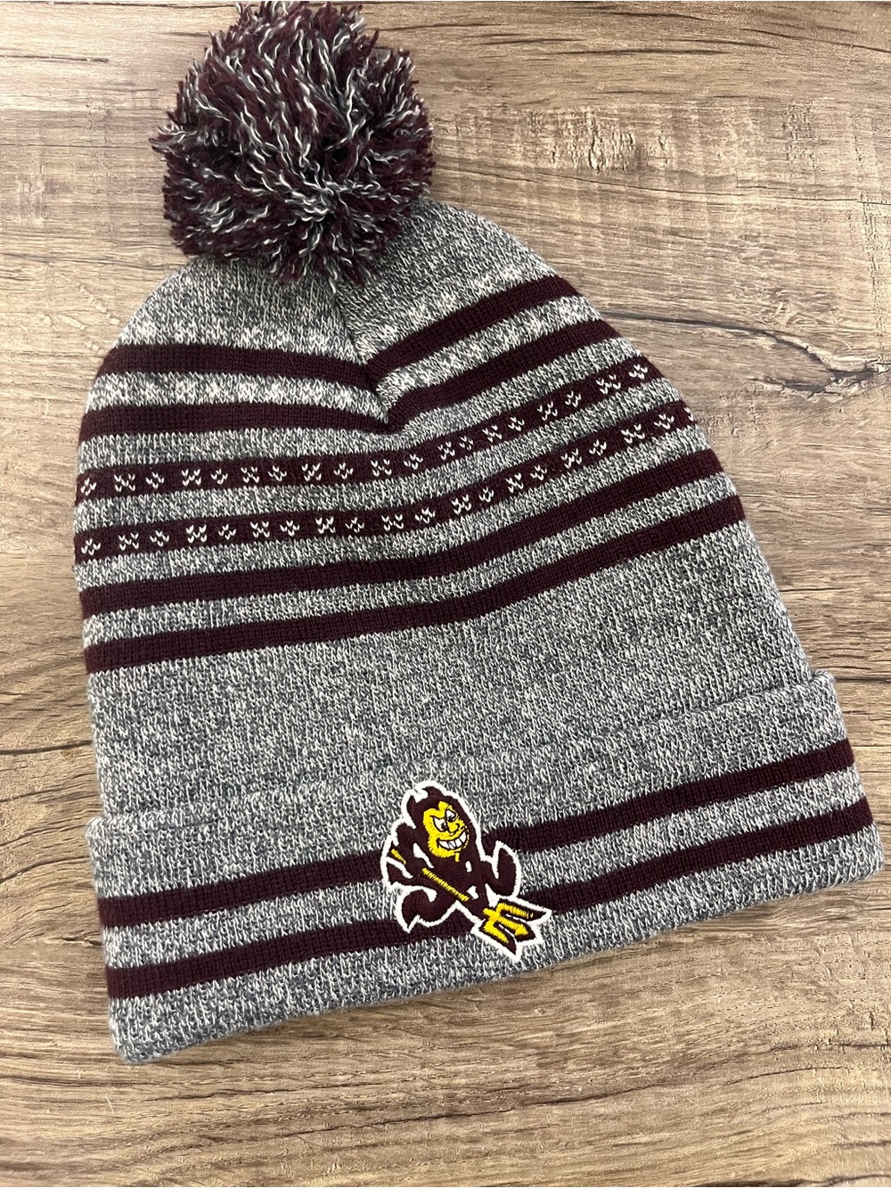Maroon & Gray Pom Cuffed Beanie Hat with Mascot Patch